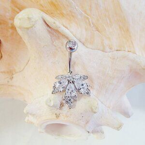 Leaf shaped clear cubic zirconia 14G belly button ring with gem ball